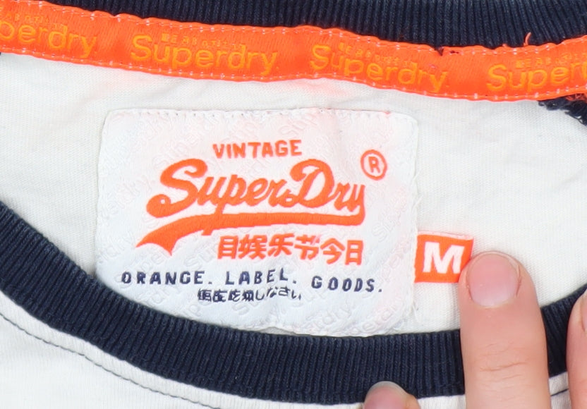Superdry Men's White and Navy Long Sleeve Cotton Raglan Top M