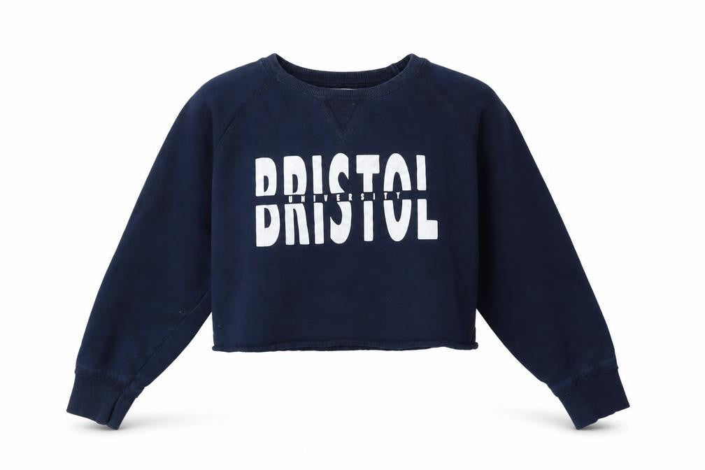 Front view of Epona women’s navy bristol university cropped sweatshirt xs