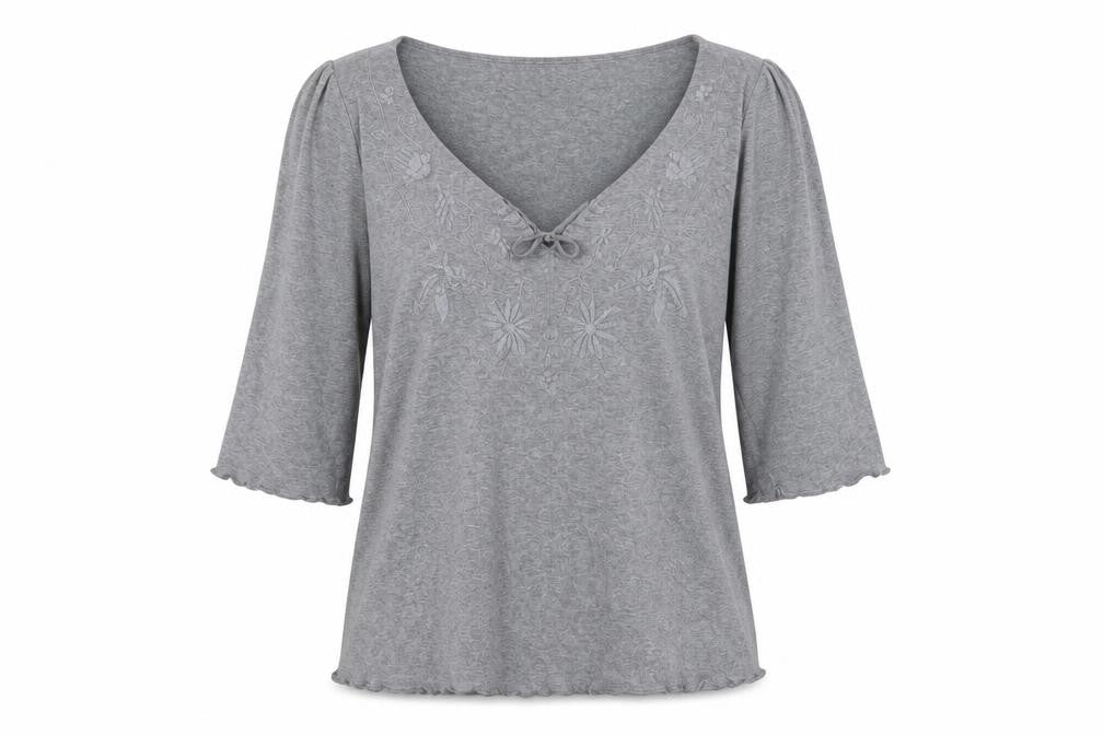 Front view of Marks & Spencer Per Una Grey Cotton V-Neck Blouse, size 16
