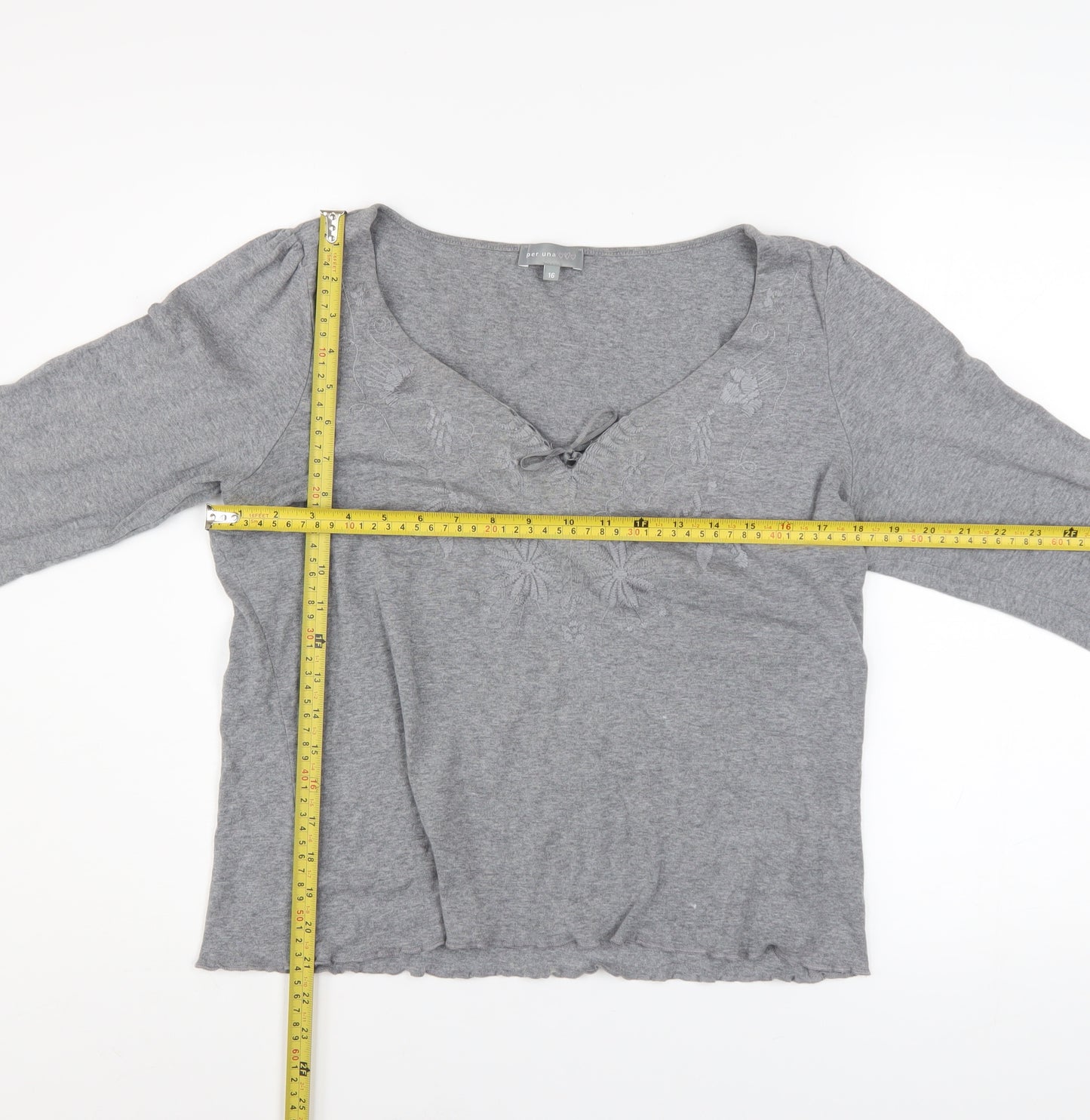 Marks and Spencer Per Una Grey Cotton V-Neck Blouse Size 16