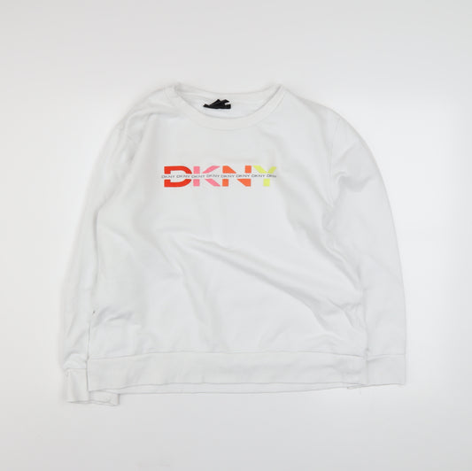 DKNY Women White Cotton Blend Logo Sweatshirt Size M