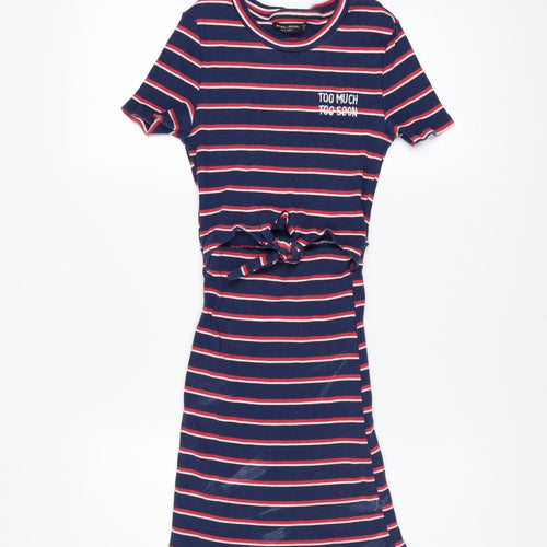 Bershka Girls Blue Striped T-Shirt Dress Size 8 Years Cotton Stretch Casual