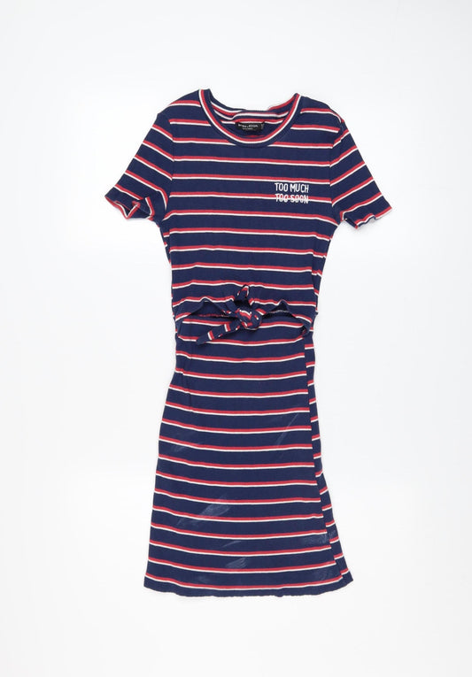 Bershka Girls Blue Striped T-Shirt Dress Size 8 Years Cotton Stretch Casual