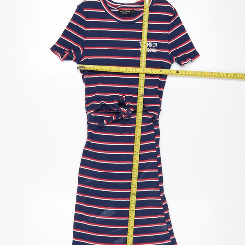 Bershka Girls Blue Striped T-Shirt Dress Size 8 Years Cotton Stretch Casual