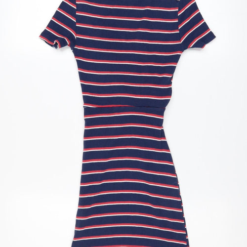 Bershka Girls Blue Striped T-Shirt Dress Size 8 Years Cotton Stretch Casual