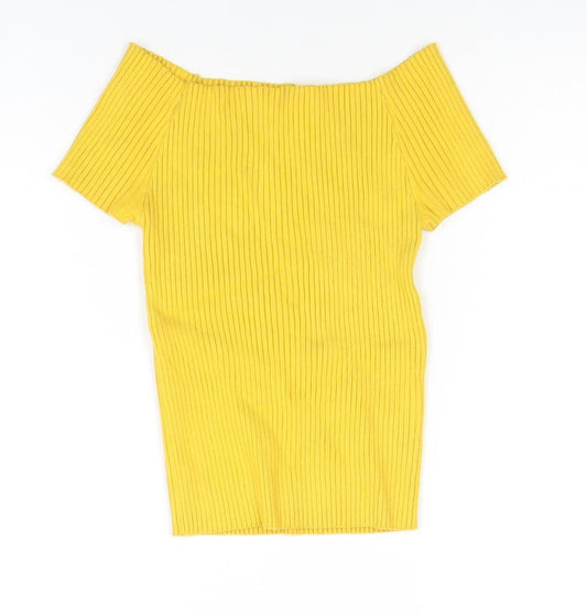 Bershka Women’s Yellow Off Shoulder Ribbed Cropped Top Size L