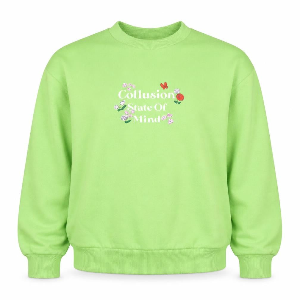 Front view of Collusion women’s green crew neck pullover sweatshirt, size UK 6