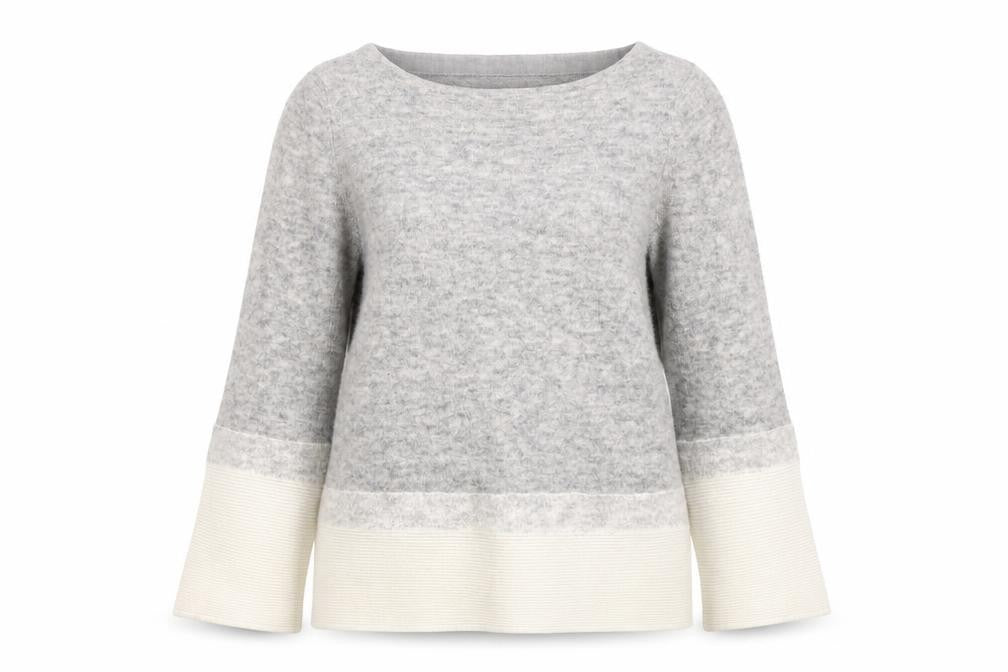 Front view of Mint Velvet women’s grey wool blend bell sleeve jumper, size UK 10