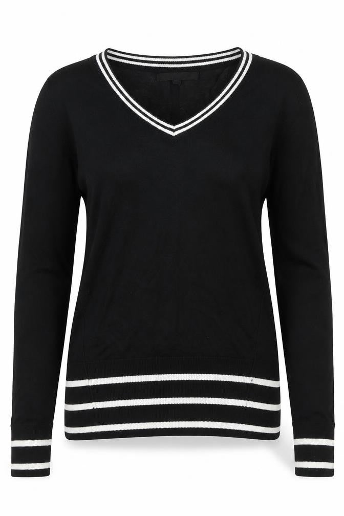 Front view of Next women’s black v-neck long sleeve knit top, size UK 8