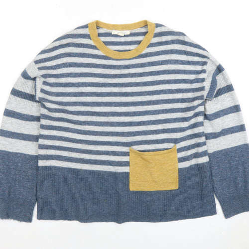 White Stuff Women's Blue Striped Wool Blend Crew Neck Jumper Size 8