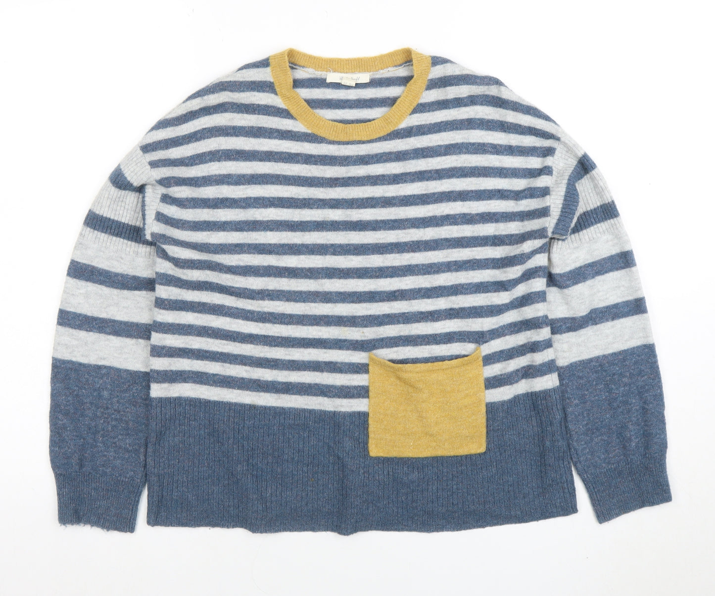 White Stuff Women's Blue Striped Wool Blend Crew Neck Jumper Size 8