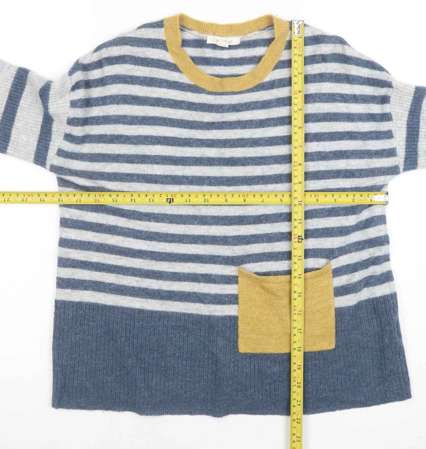 White Stuff Women's Blue Striped Wool Blend Crew Neck Jumper Size 8