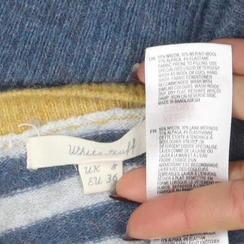 White Stuff Women's Blue Striped Wool Blend Crew Neck Jumper Size 8