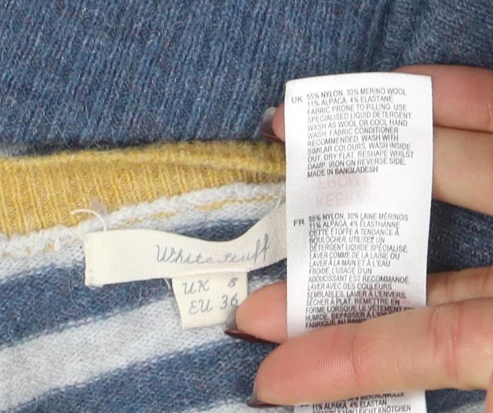 White Stuff Women's Blue Striped Wool Blend Crew Neck Jumper Size 8