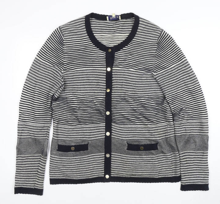 Viyella Womens Blue Striped Cotton Cardigan L Long Sleeve