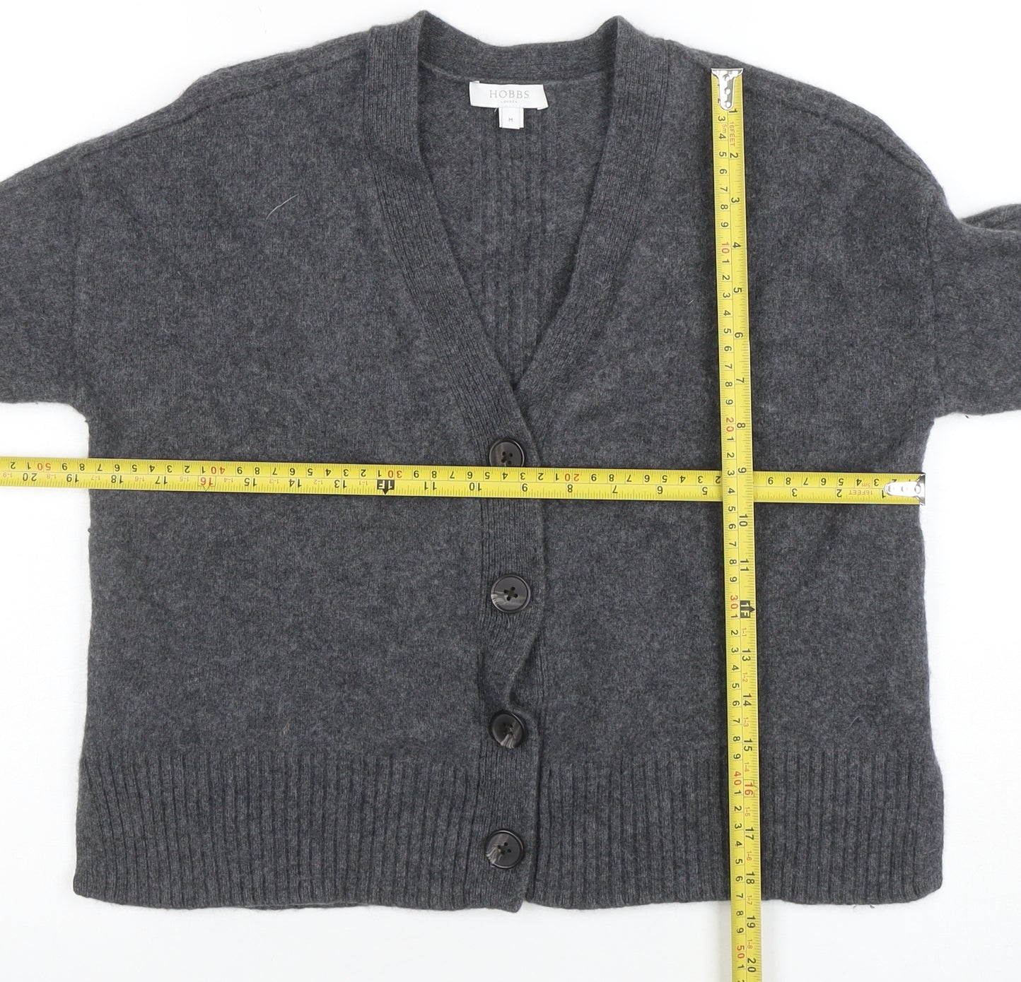 Hobbs Women Grey Merino Wool V-Neck Button Cardigan M
