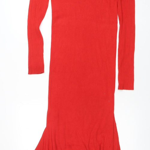 Oasis Women Red Long Sleeve Ribbed Bodycon Midi Dress L