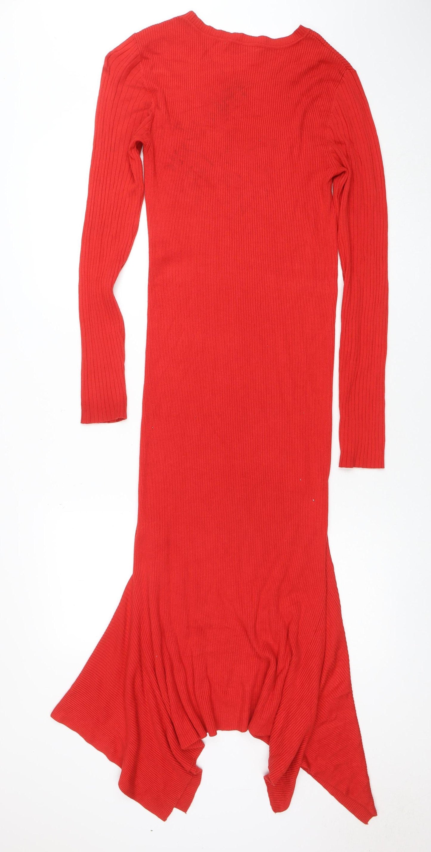 Oasis Women Red Long Sleeve Ribbed Bodycon Midi Dress L