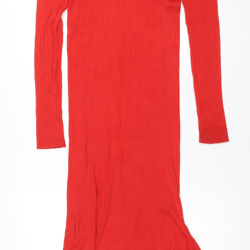 Oasis Women Red Long Sleeve Ribbed Bodycon Midi Dress L