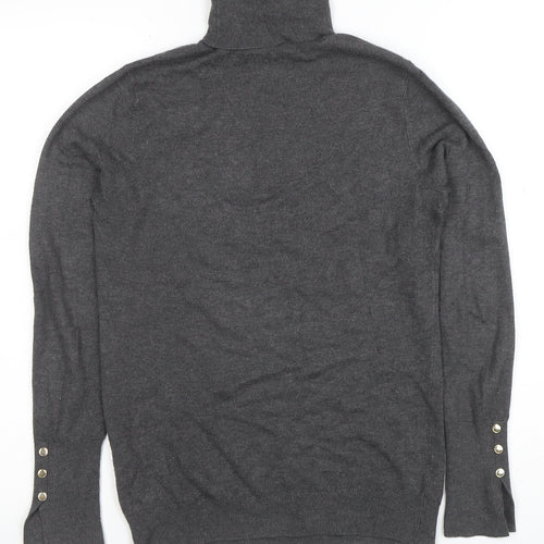 Zara Women Grey Knit Roll Neck Long Sleeve Button Accent Top M
