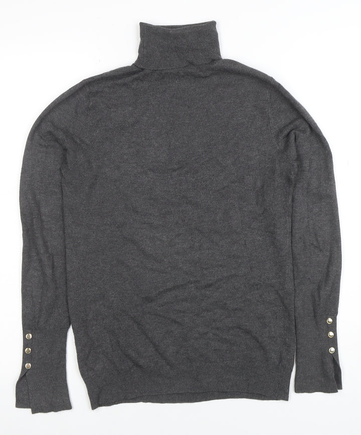 Zara Women Grey Knit Roll Neck Long Sleeve Button Accent Top M
