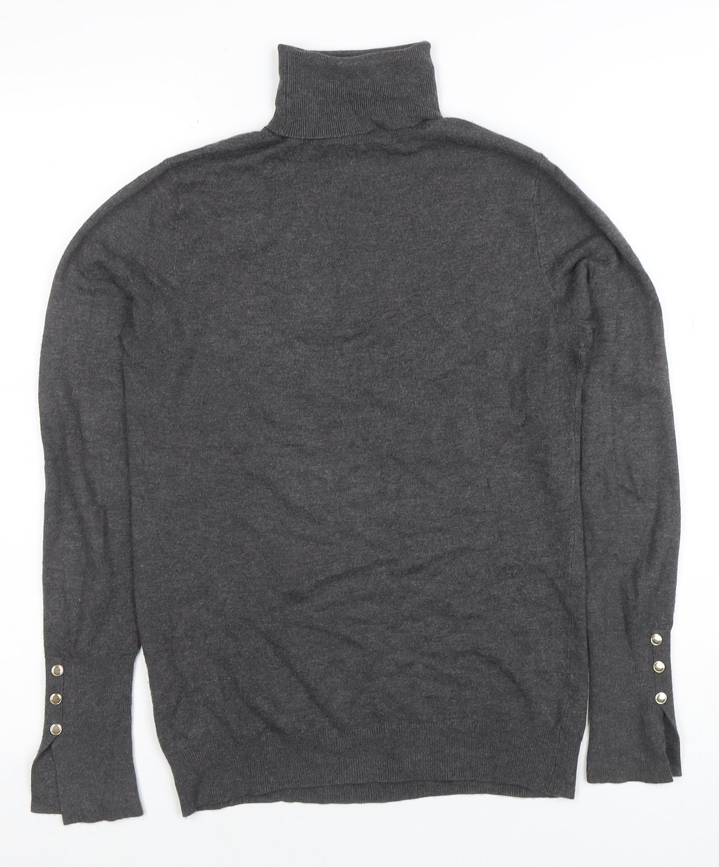 Zara Women Grey Knit Roll Neck Long Sleeve Button Accent Top M