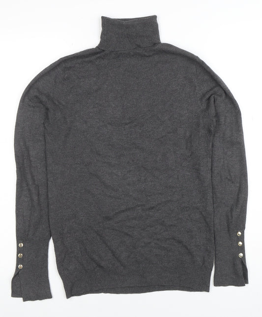 Zara Women Grey Knit Roll Neck Long Sleeve Button Accent Top M