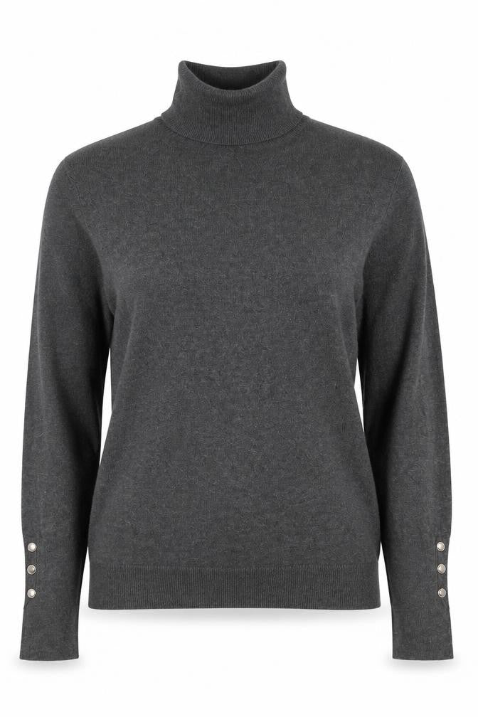 Front view of Zara Women Grey Knit Roll Neck Long Sleeve Button Accent Top M
