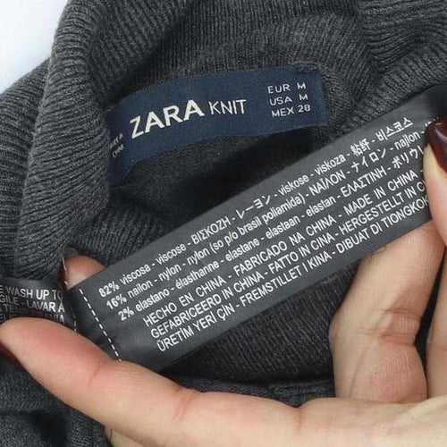 Zara Women Grey Knit Roll Neck Long Sleeve Button Accent Top M