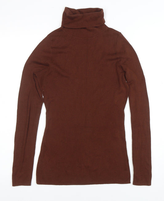 Jigsaw Women Brown Silk Cotton Roll Neck Long Sleeve Top M