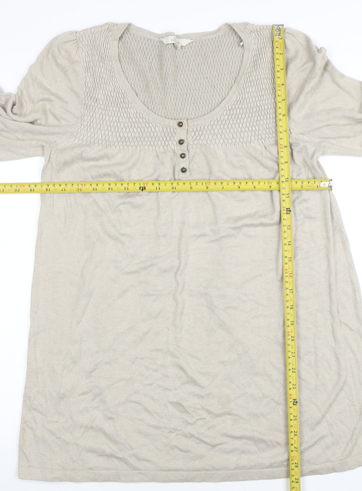 Debenhams Women Beige Knit Tunic Dress Size 16 Scoop Neck 3/4 Sleeve
