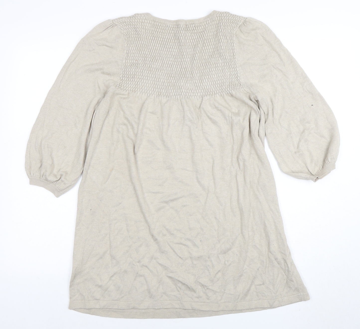 Debenhams Women Beige Knit Tunic Dress Size 16 Scoop Neck 3/4 Sleeve