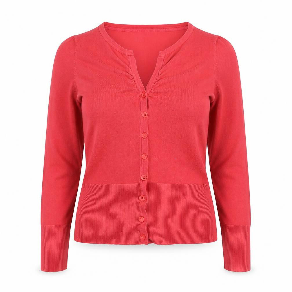 Front view of Marks & Spencer Women's Red V-Neck Button-Up Knit Top, size 10