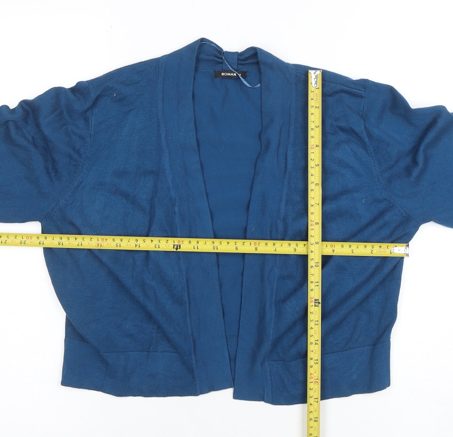 Roman Women Blue V-Neck Open Knit Cardigan Size 14