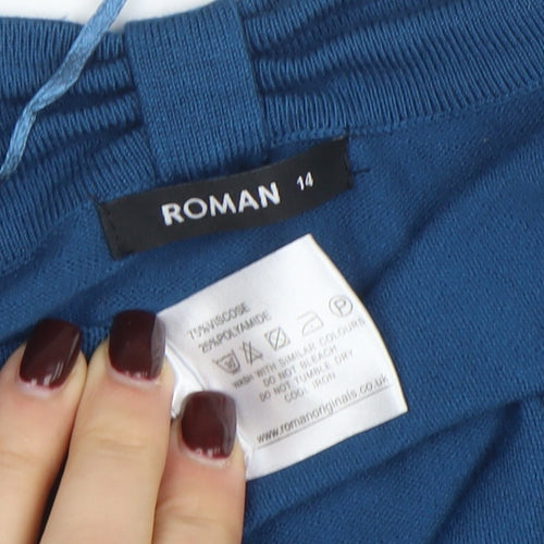 Roman Women Blue V-Neck Open Knit Cardigan Size 14