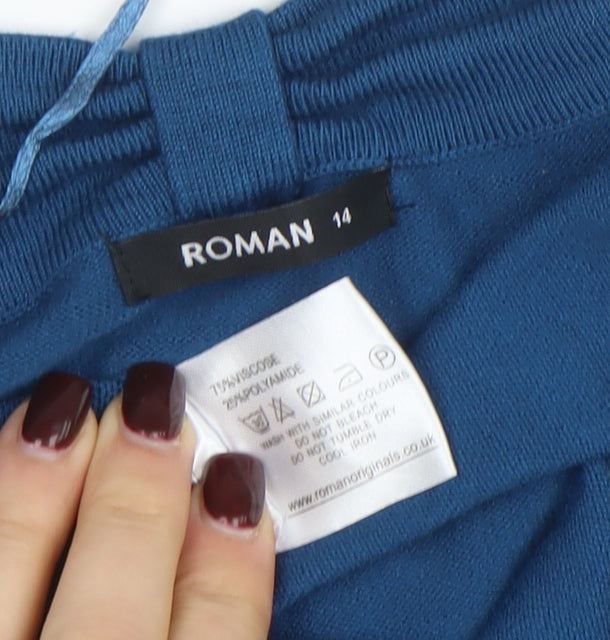 Roman Women Blue V-Neck Open Knit Cardigan Size 14