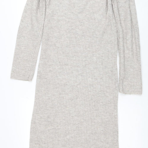 H&M Mama Beige Knit Bodycon Roll Neck Maternity Midi Dress Size 12