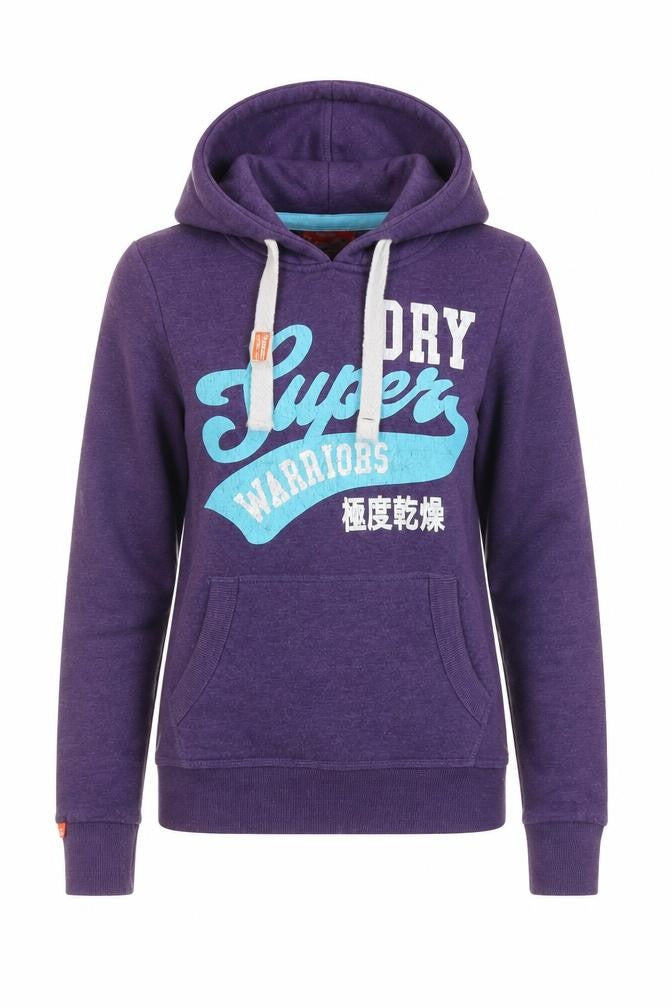 Front view of Superdry women’s purple pullover hoodie small cotton blend