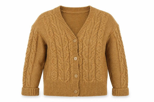 Front view of Guess Women’s Beige Cable-Knit Cardigan XS V-Neck Soft Wool Blend