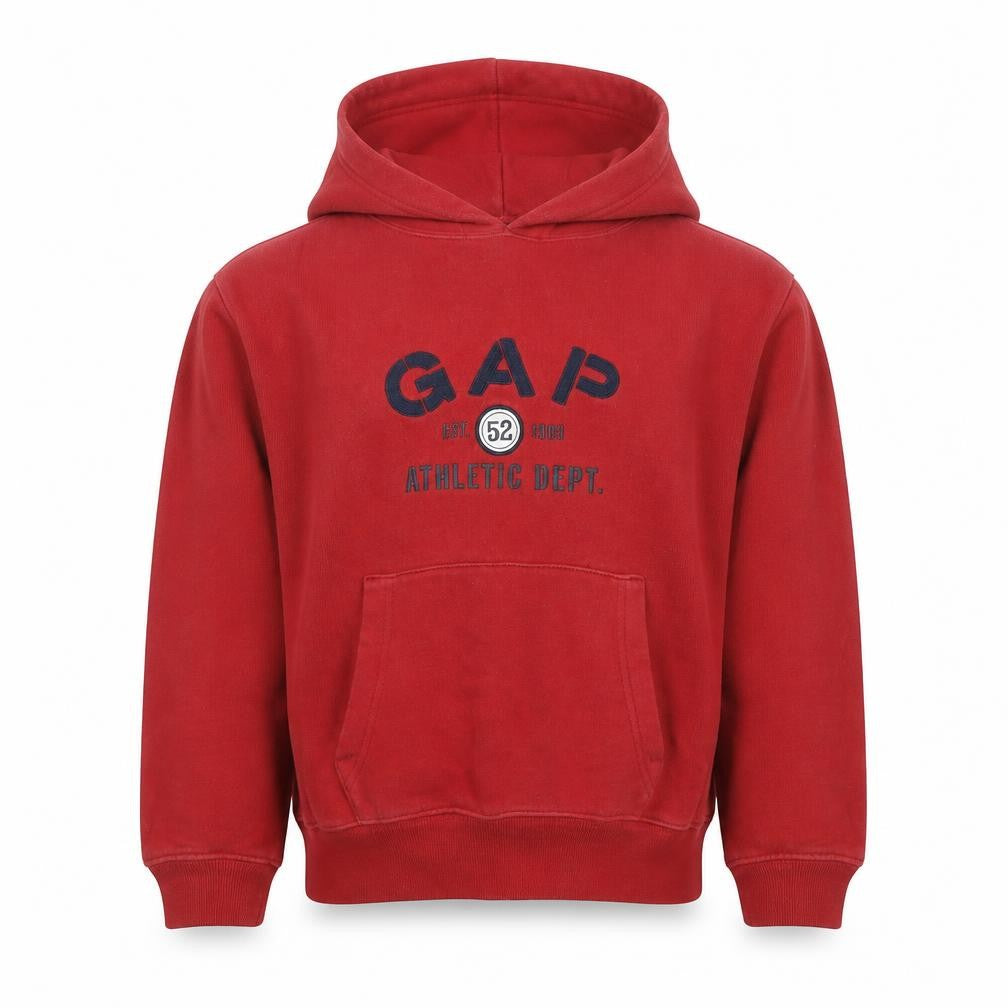 Front view of Gap Kids boys’ red pullover hoodie athletic dept logo, size M