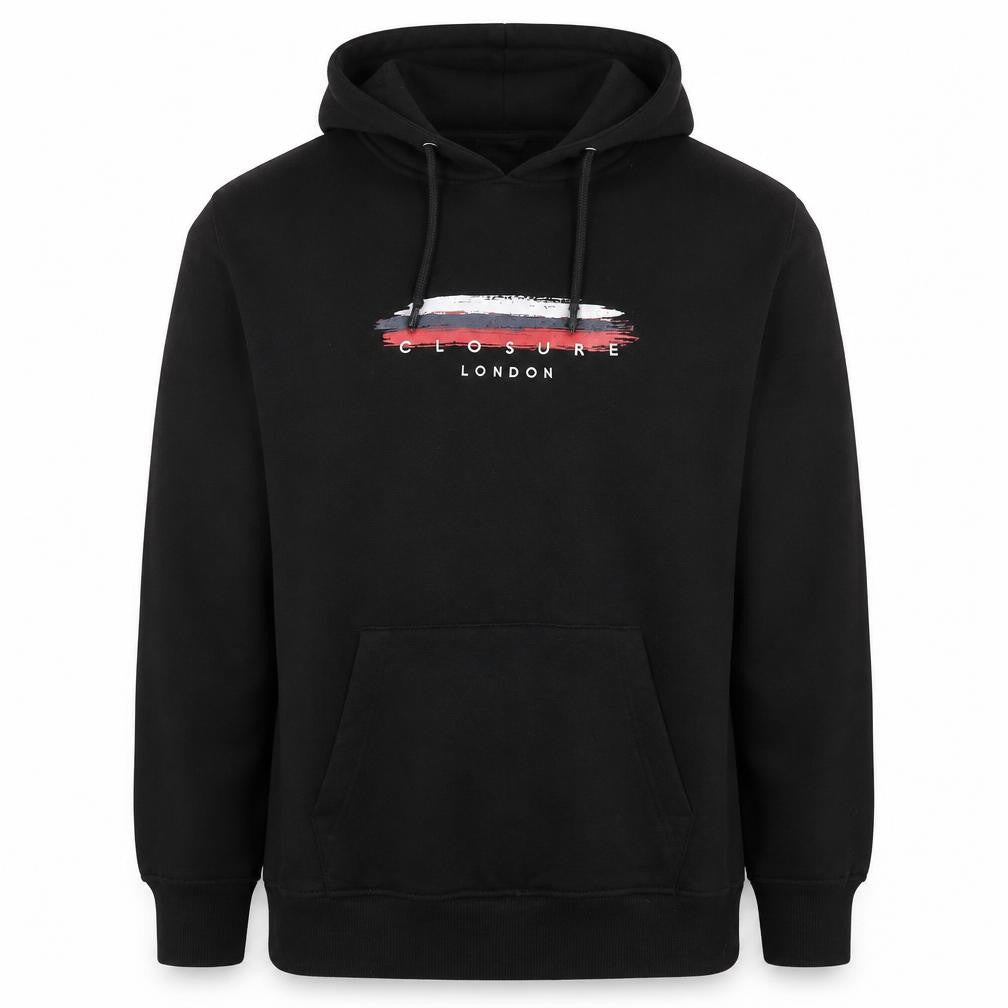 Front view of Closure London Men’s Black Pullover Hoodie L Graphic Logo Fleece