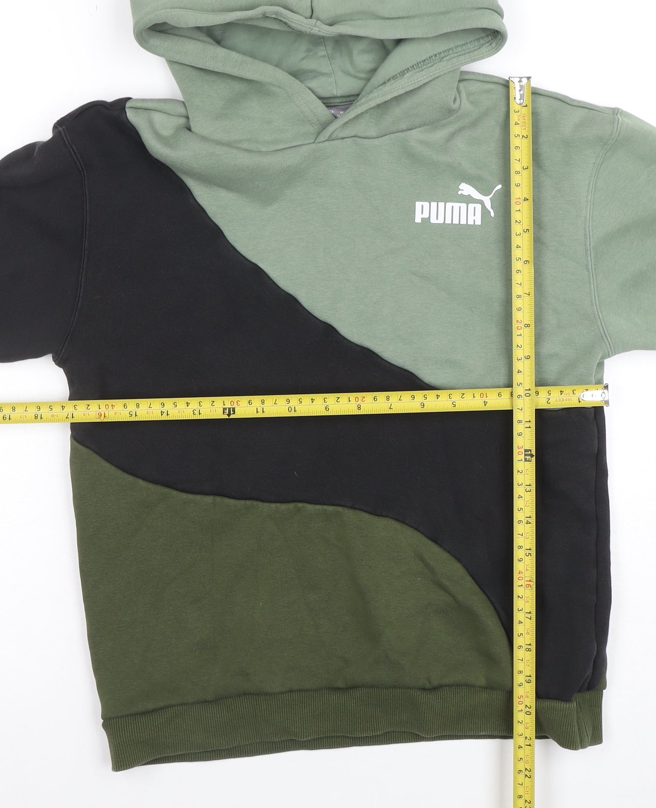 Puma Boys Green & Black Colourblock Pullover Hoodie Size 13-14 Years