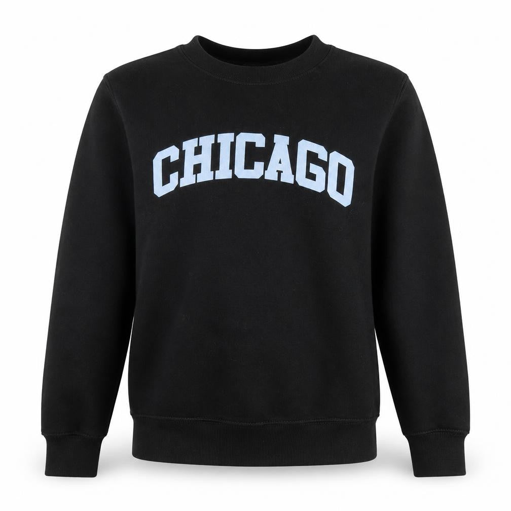 Front view of PRETTYLITTLETHING women’s black xs chicago crew neck sweatshirt