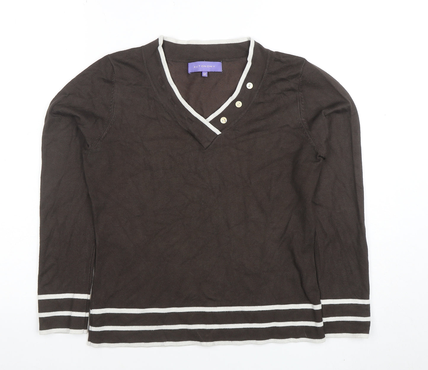 Autonomy Women Brown Long Sleeve V-Neck Button Knit Top Size 12