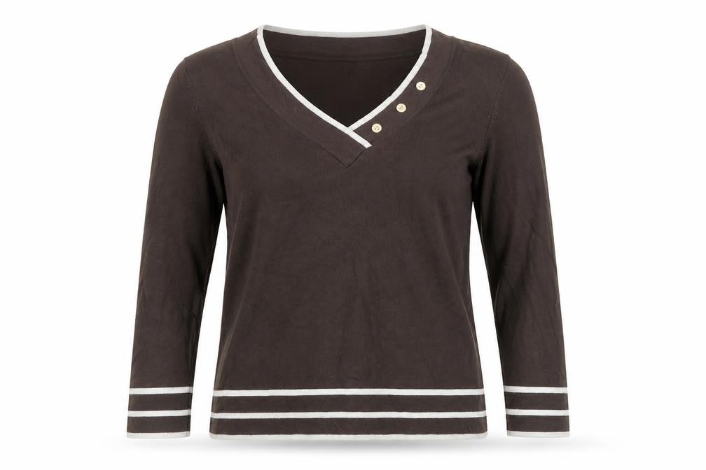 Front view of Autonomy Women Brown Long Sleeve V-Neck Button Knit Top, size 12