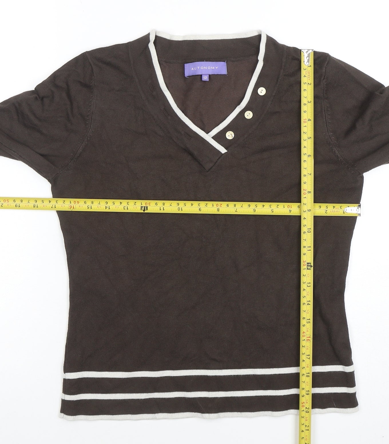 Autonomy Women Brown Long Sleeve V-Neck Button Knit Top Size 12