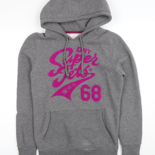 Superdry Womens Grey Hoodie Medium Pullover Cotton Blend Graphic Print