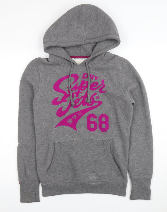 Superdry Womens Grey Hoodie Medium Pullover Cotton Blend Graphic Print