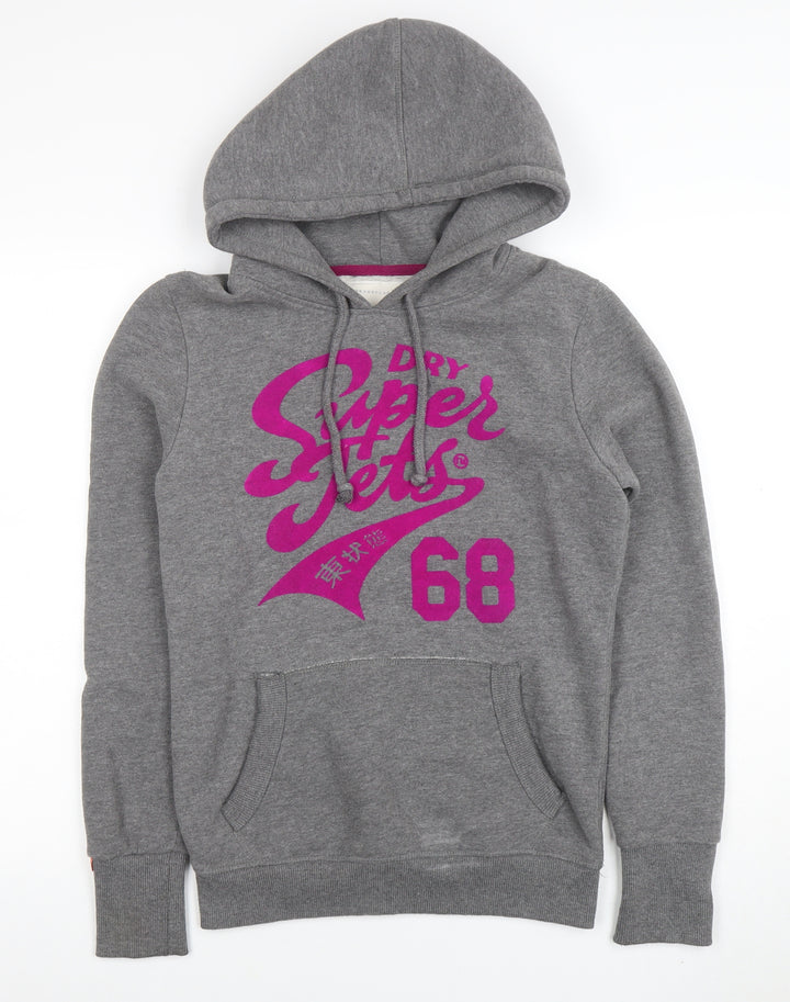 Superdry Womens Grey Hoodie Medium Pullover Cotton Blend Graphic Print