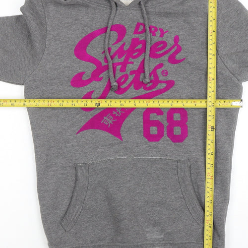 Superdry Womens Grey Hoodie Medium Pullover Cotton Blend Graphic Print